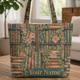 Vintage Bookshelf Botanical Roses Name Text - Everyday Carry Gift for Book Lover Quilted Tote Bag