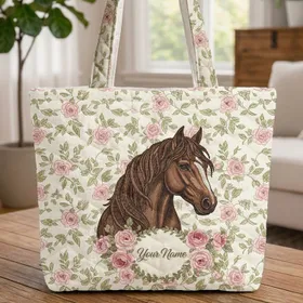 Majestic Horse Head Blooming Roses Floral Wreath - Everyday Carry Gift Quilted Tote Bag