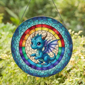 Baby Dragon Rainbow Border Stained Glass - Home Decor Gift for Dragon Lover Stained Glass Suncatcher