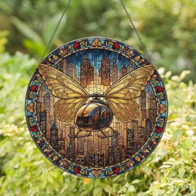 Sleek Helicopter Golden Butterfly Wings Futuristic Cityscape Ornate Border - Home Decor Gift Stained Glass Suncatcher