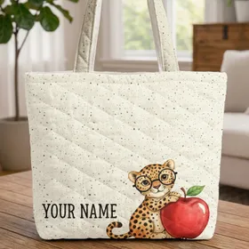 Leopard Black Rimmed Glasses Red Apple - Everyday Carry Gift for Animal Lover Quilted Tote Bag