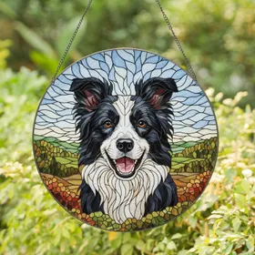 Black White Border Collie Dog Cloudy Sky Hills Home Decor Gift for Dog Lover Stained Glass Suncatcher