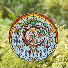 Glowing Rainbow Border Mosaic Branch Leaves Pink Blossoms Teardrops - Home Decor Gift Stained Glass Suncatcher