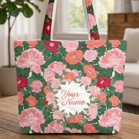 Lush Pink Peony Camellia Personalized Name Floral Wreath - Everyday Carry Gift Quilted Tote Bag