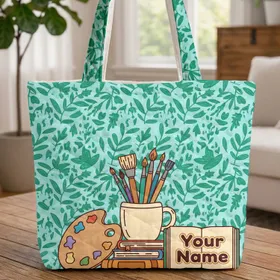 Art Palette Brushes Books Green Foliage Personalized - Everyday Carry Gift Quilted Tote Bag