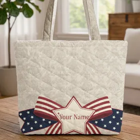 American Flag Bow Americana Damask Star Name Plate - USA Independence Day Gift Quilted Tote Bag