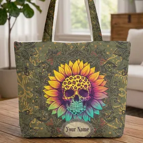 Skull Sunflower Mandala Personalized Leopard Print - Everyday Carry Gift for Boho Lover Quilted Tote Bag