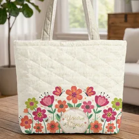 Personalized Name Floral Sprigs Butterflies Bees Everyday Carry Gift Quilted Tote Bag