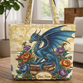 Blue Dragon Ancient Books Personalized Name - Everyday Carry Gift for Fantasy Lover Quilted Tote Bag