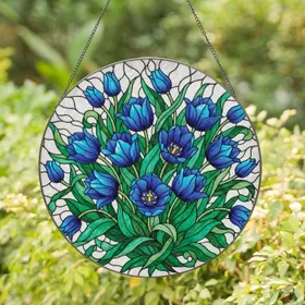 Deep Blue Tulips Emerald Green Leaves Mosaic Floral Arrangement Home Decor Gift Stained Glass Suncatcher
