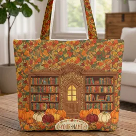 Storybook Library Facade Autumn Pumpkins - Fall Season Everyday Carry Quilted Tote Bag