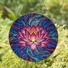 Layered Stained Glass Lotus Flower Bloom Water Swirls - Home Decor Gift for Yoga Lover Stained Glass Suncatcher