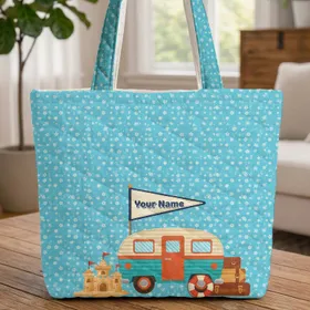 Vintage Retro Camper Van Beach Scene Everyday Carry Gift Quilted Tote Bag