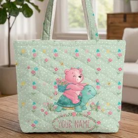 Pink Bear Green Turtle Floral Wreath Personalized - Everyday Carry Gift for Kids Quilted Tote Bag