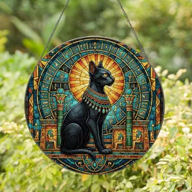 Black Bastet Cat Pharaonic Collar Egyptian Hieroglyphs Stained Glass Mosaic Home Decor Stained Glass Suncatcher