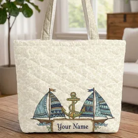 Sailboats Golden Anchor Seashells Starfish - Personalized Vintage Plaque Everyday Carry Quilted Tote Bag