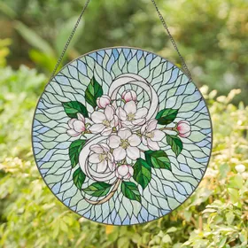 Apple Blossoms White Ribbon Green Leaves Floral Mosaic - Home Decor Gift Stained Glass Suncatcher