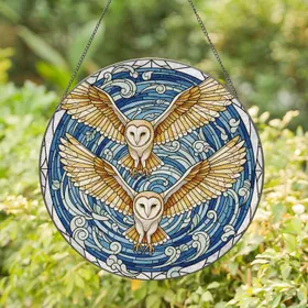 Majestic Barn Owls Mid-Flight Swirling Sky Geometric Shapes - Wildlife Home Decor Gift Stained Glass Suncatcher
