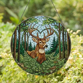 Majestic Buck Prominent Antlers Ferns Forest Sky Heart - Wildlife Lover Home Decor Gift Stained Glass Suncatcher