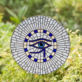 Deep Cobalt Blue Cream Sclera Eye of Horus Fractured Glass Border Home Decor Gift Stained Glass Suncatcher