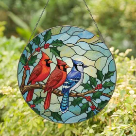 Red Cardinal Blue Jay Holly Berry Birds Wildlife Home Decor Gift Stained Glass Suncatcher