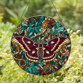 Atlas Moth Eye-spots Winding Vines Large Leaves Lush Foliage Home Decor Gift for Moth Lovers Stained Glass Suncatcher