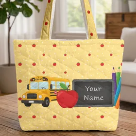School Bus Apple Pencils Chalkboard Stars - Back to School Student Everyday Carry Gift Quilted Tote Bag