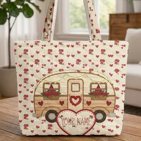 Vintage Camper Van Roses Hearts Cartouche - Travel Essentials Gift Quilted Tote Bag