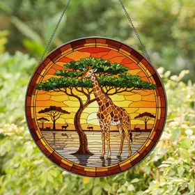 Giraffe Acacia Tree African Savanna Sunset - Wildlife Lover Home Decor Gift Stained Glass Suncatcher