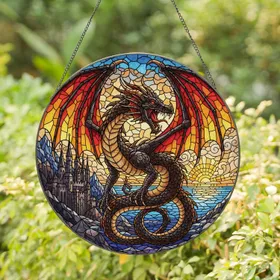 Ferocious Dragon Fiery Wings Castle Ocean Landscape - Home Decor Gift Stained Glass Suncatcher