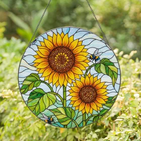 Sunflowers Bumblebees Green Leaves Sky - Garden Decor Gift for Flower Lovers Stained Glass Suncatcher