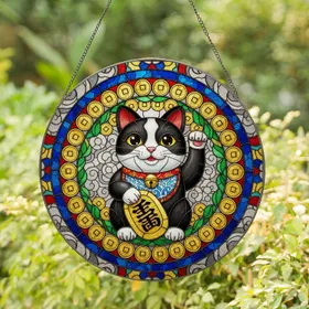 Smiling Tuxedo Maneki-neko Cat Golden Coin - Home Decor Gift for Cat Lover Stained Glass Suncatcher