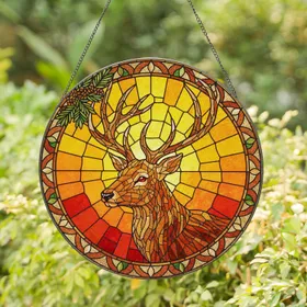 Stag Head Antlers Pine Needles Stained Glass Sunset - Wildlife Lover Home Decor Gift Stained Glass Suncatcher