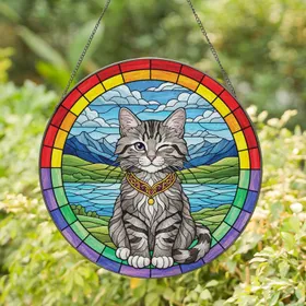 Winking Gray Tabby Kitten Rainbow Frame Stained Glass - Cat Lover Home Decor Gift Stained Glass Suncatcher