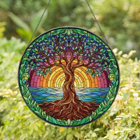 Stained Glass Ancient Tree of Life Seascape Ocean Sunset - Home Decor Gift Stained Glass Suncatcher