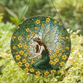 Graceful Kneeling Fairy Butterfly Wings Yellow Flowers - Fantasy Home Decor Gift Stained Glass Suncatcher