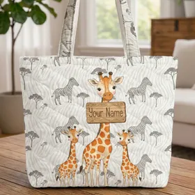 Young Giraffes Acacia Trees Name Sign - Everyday Carry Gift for Wildlife Lovers Quilted Tote Bag