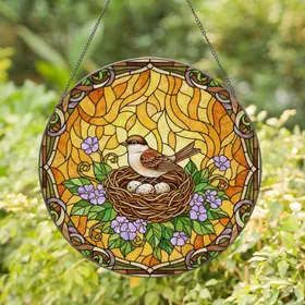 Brown Bird Nest Speckled Eggs Lavender Flowers - Home Decor Gift for Bird Lover Stained Glass Suncatcher