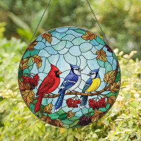 Cardinal Blue Jay Yellow Bird Autumn Berries - Home Decor Gift for Bird Lover Stained Glass Suncatcher