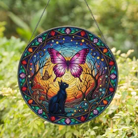 Stained Glass Butterfly Black Cat Twilight Landscape - Home Decor Gift for Cat & Butterfly Lover Stained Glass Suncatcher