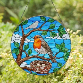 Robin Bird Nest with Eggs Tree Branch Sky Clouds - Wildlife Lover Home Decor Gift Stained Glass Suncatcher