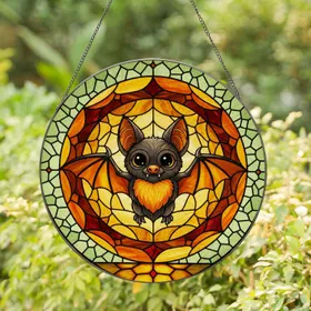 Stained Glass Big Eyed Cartoon Bat Wings Spread Pointed Ears - Home Decor Gift for Bat Lovers Stained Glass Suncatcher