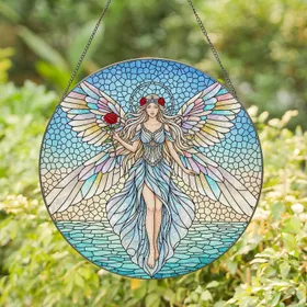 Angelic Fairy Platinum Blonde Hair Iridescent Rainbow Wings Red Rose Tiffany Glass Mosaic - Home Decor Gift Stained Glass Suncatcher