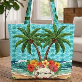 Tropical Palm Trees Hibiscus Beach Personalized Name - Travel Essentials for Beach Lovers Quilted Tote Bag