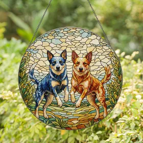 Blue Red Merle Australian Cattle Dogs Leaping Landscape Home Decor Gift Stained Glass Suncatcher