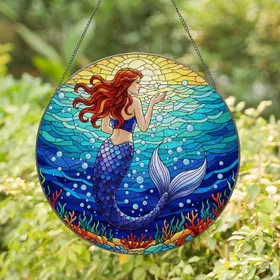 Mermaid Bubbles Coral Reef Ocean - Home Decor Gift for Mermaid Lover Stained Glass Suncatcher