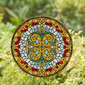 Floral Acanthus Scroll Foliage Berries Circular Border Mosaic - Home Decor Window Decor Gift Stained Glass Suncatcher