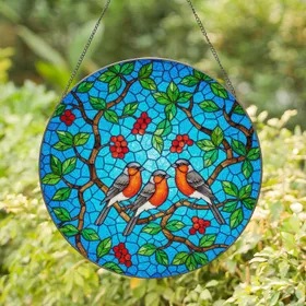 Three Birds Branches Red Berries Green Leaves Blue Sky Home Decor Gift Stained Glass Suncatcher