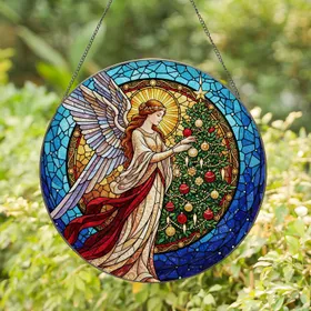 Celestial Angel Golden Headpiece Christmas Tree Holiday Home Decor Gift Stained Glass Suncatcher