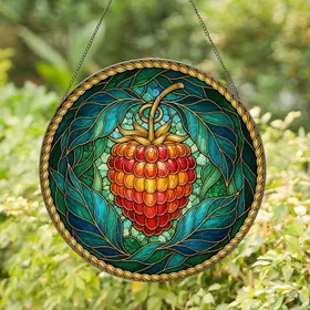 Tiffany Style Raspberry Strawberry Leaves Golden Border Swirling Background - Home Decor Gift Stained Glass Suncatcher
